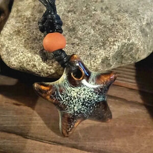 Hand Crafted Artsy Circle Glazed Blue Black Porcelain Pendant Necklace